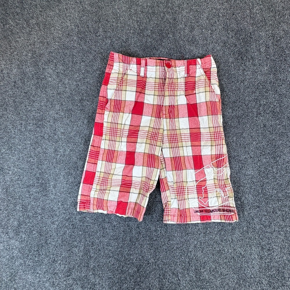 Ecko Unltd Chino Shorts Boys 25x10 Red Tan Plaid Logo Embroidered Cotton Pockets